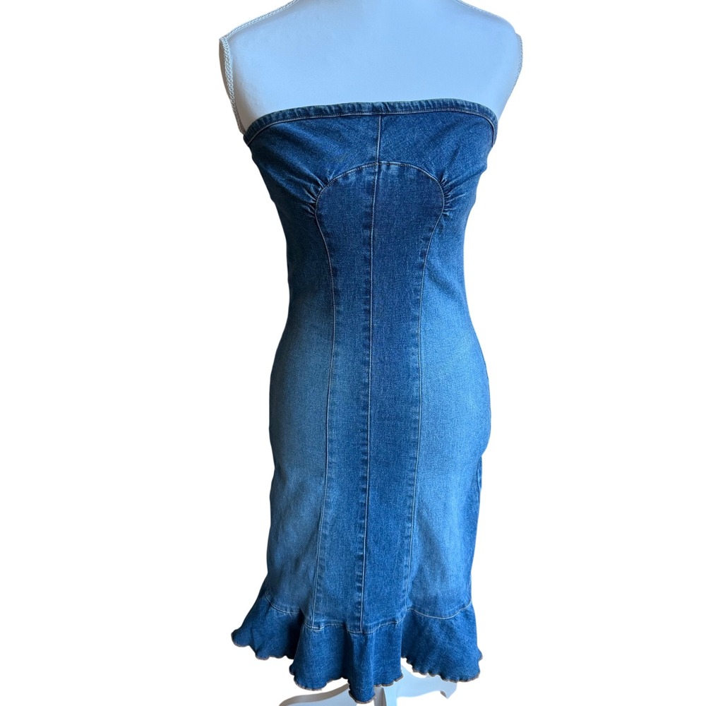 Hera USA Womens Strapless‎ Denim Mermaid Midi Dress Blue Medium Wash Small vtg